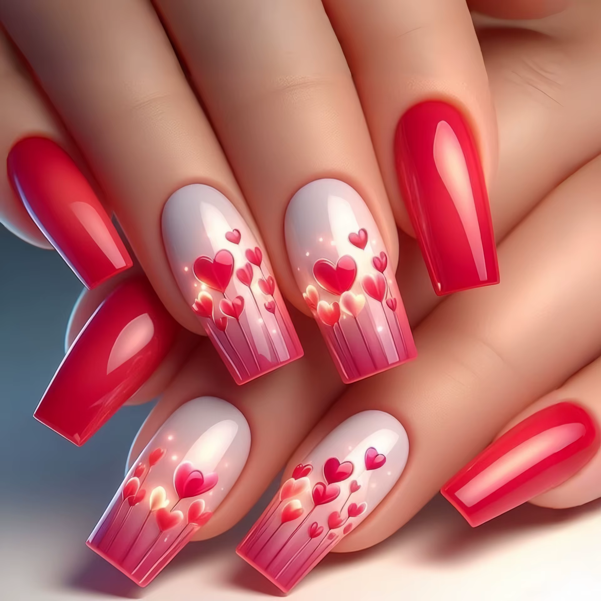 Patchs pour faux ongles de couleur chair, 24 pièces, rouge, français, à pression, motifs de cœur d'a