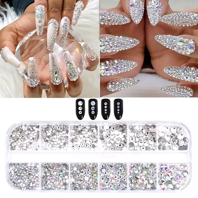 Boîte de strass 3D à dos plat pour ongles, gemmes en verre AB et cristal clair, Kit de breloques pou