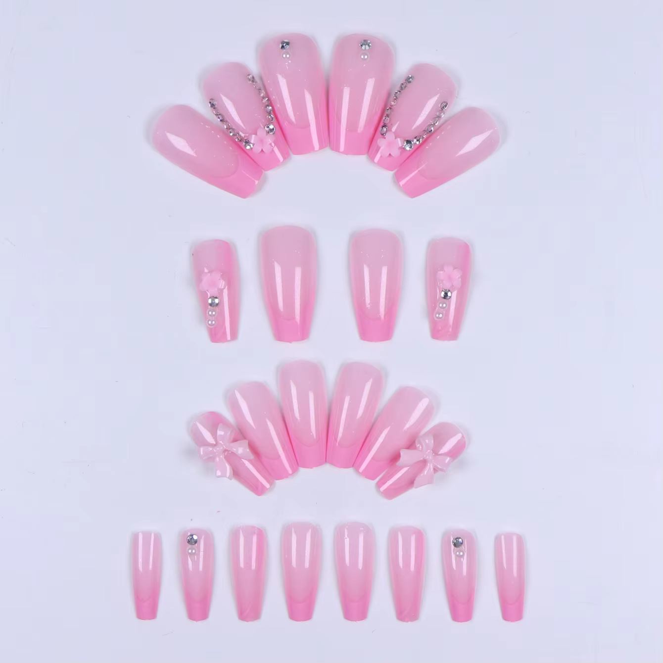 24 pièces-plaque à ongles cercueil, nœud rose 3D 3D, décoration à motif de fleur rose, réglage en st
