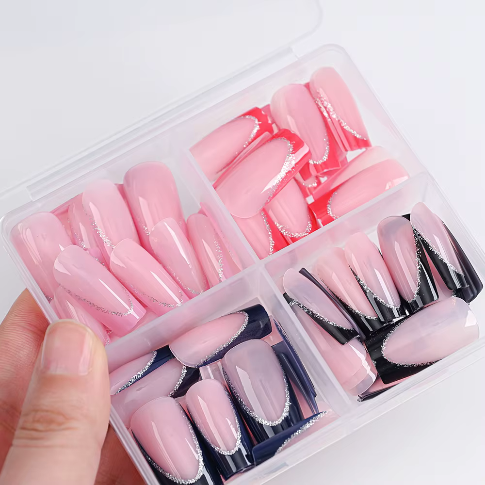 96 pièces/boîte français avec paillettes argentées faux ongles bleu/rouge couverture complète longue