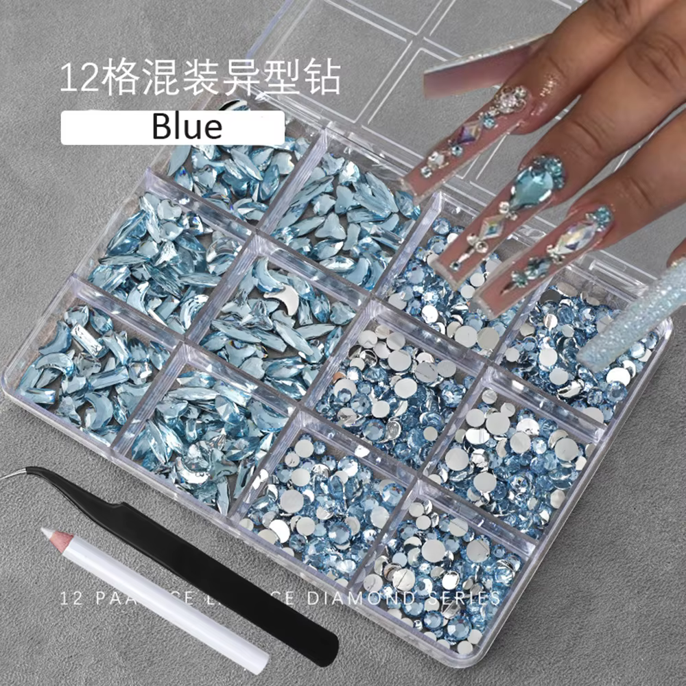 12 grilles 3D bébé bleu multi-formes Nail Art strass dos plat résine diamant luxe ongles breloques p