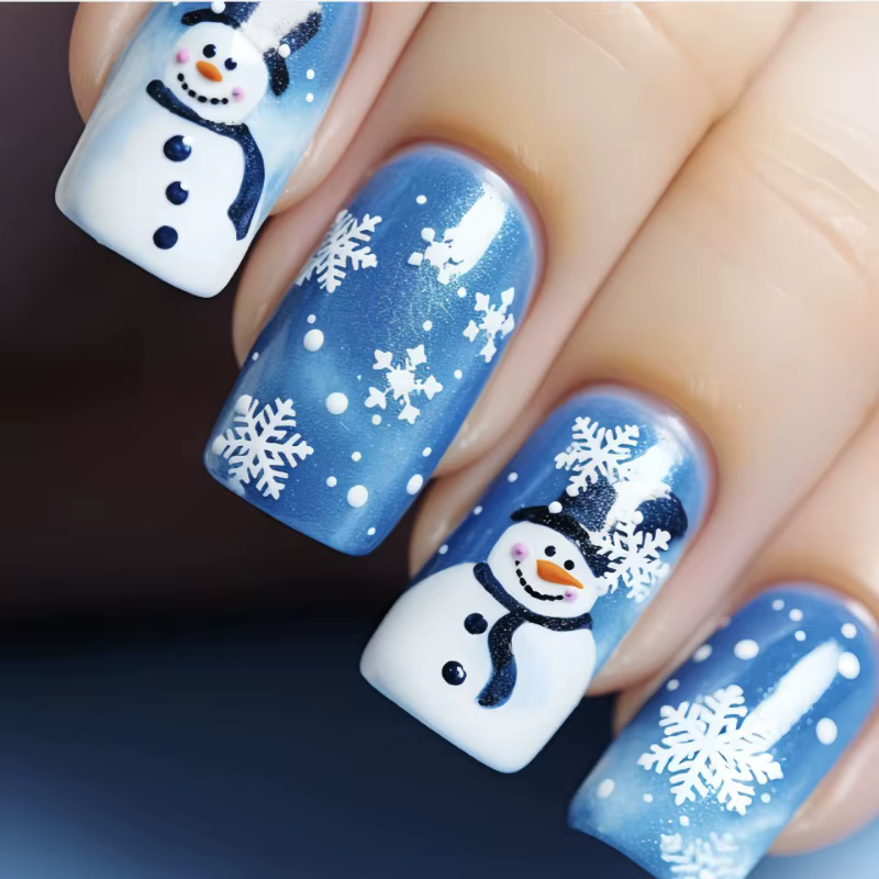 Faux ongles de Noël à pression avec colle, faux bonhomme de neige, flocon de neige moyen, design ten