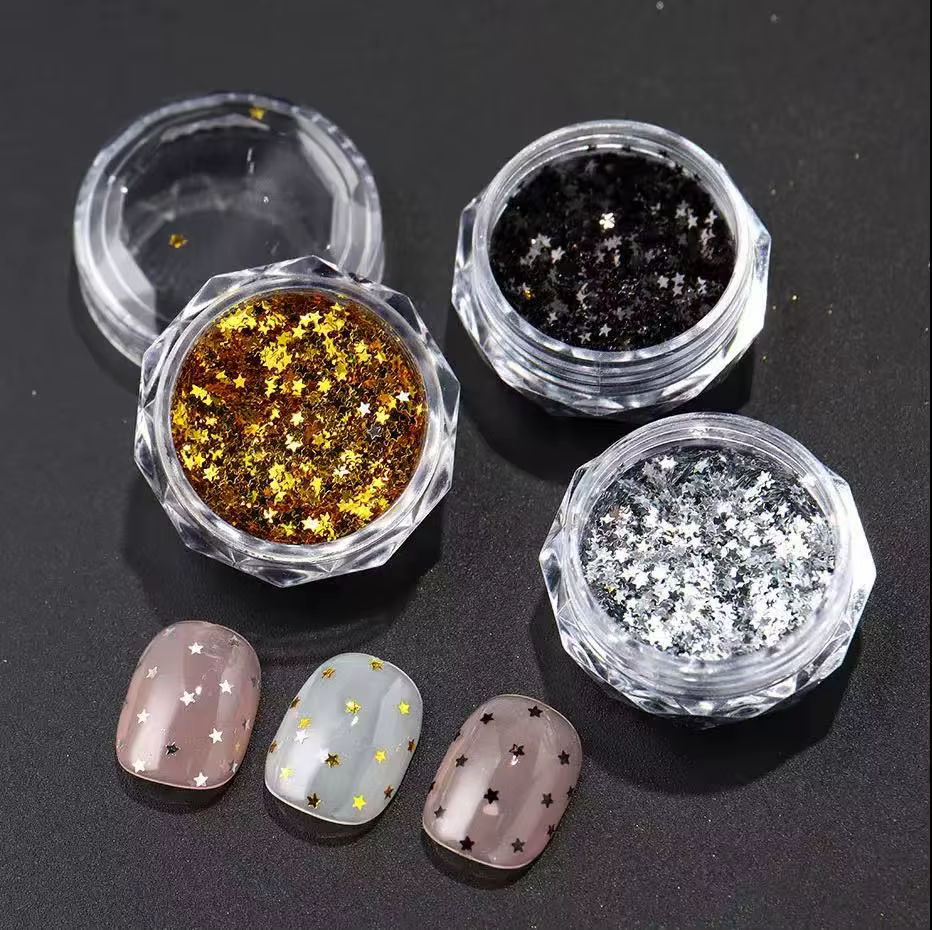 3 pièces de paillettes pour ongles Y2K, petites étoiles scintillantes, dorées, argentées, noires, pe