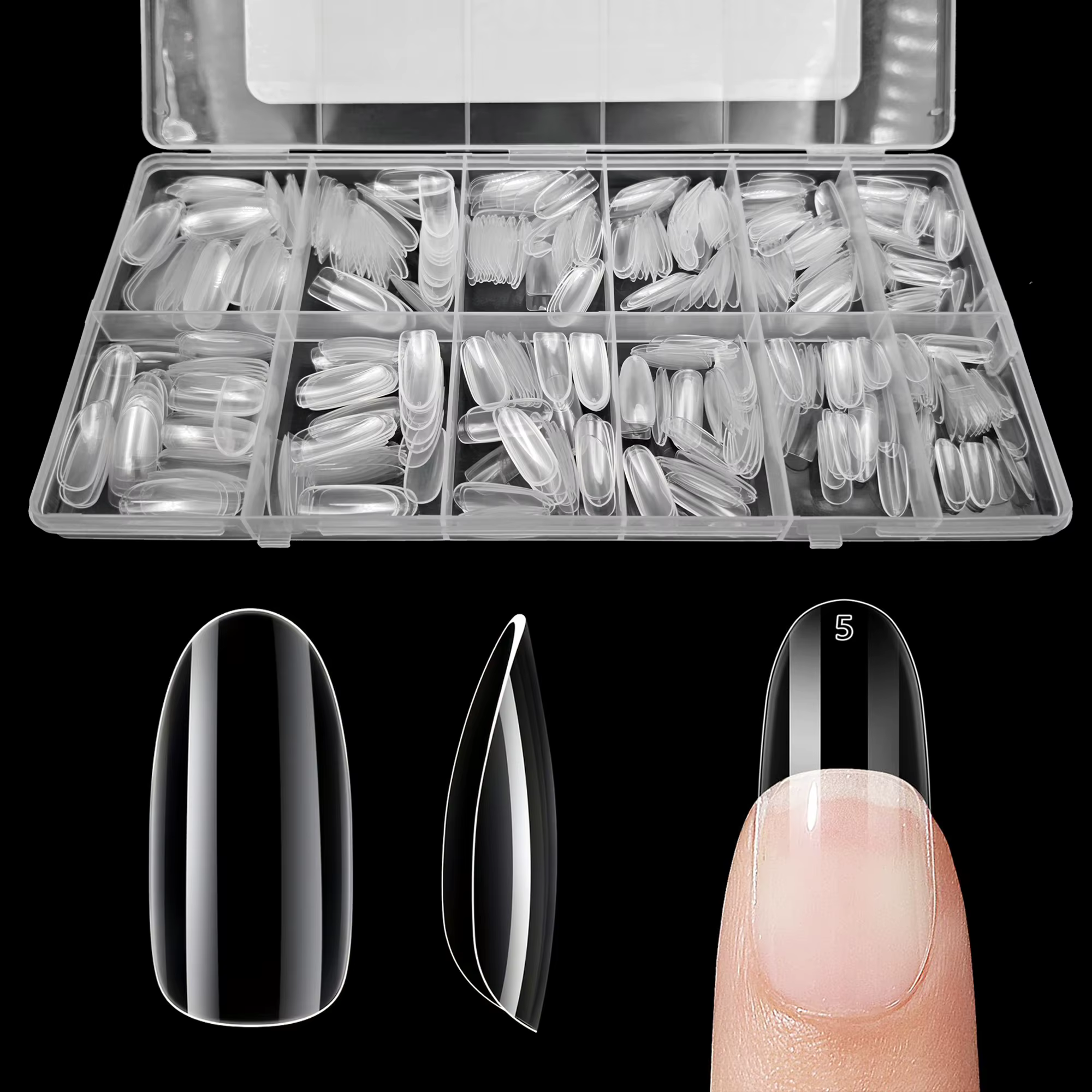 Lot de 600 faux ongles transparents, formes variées (Coffin, Carré, Amande, Stiletto, Ovale, Rond), 