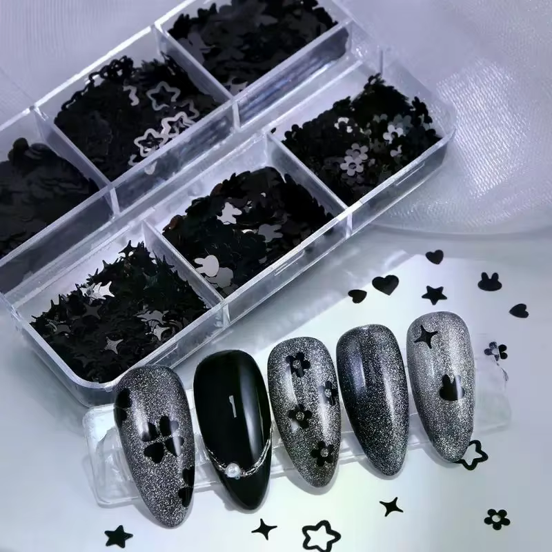 6 grilles noir en forme de coeur papillon étoile ongles Paillettes décor mixte manucure flocons Pail