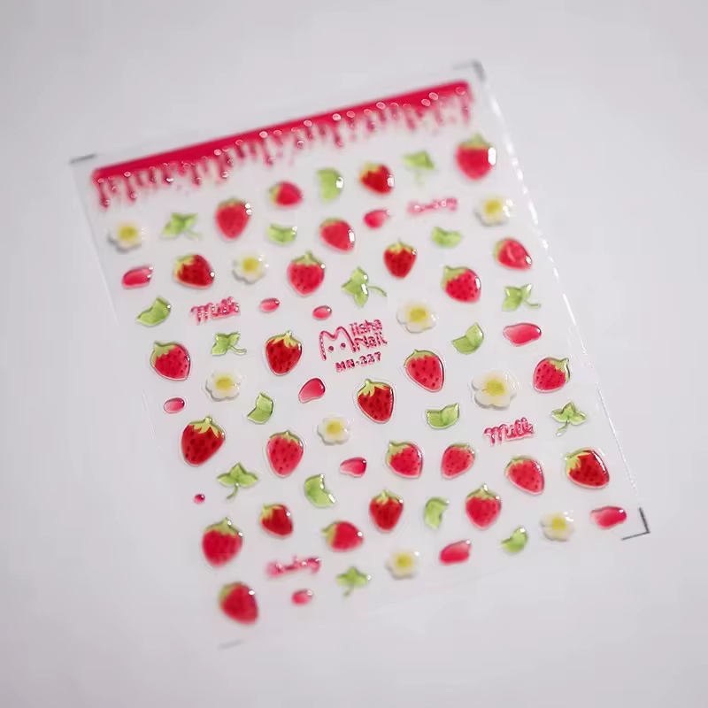 1 pièces 5D Kawaii gelée fraise dessin animé curseur Adheisve Nail Art autocollants en relief ongles