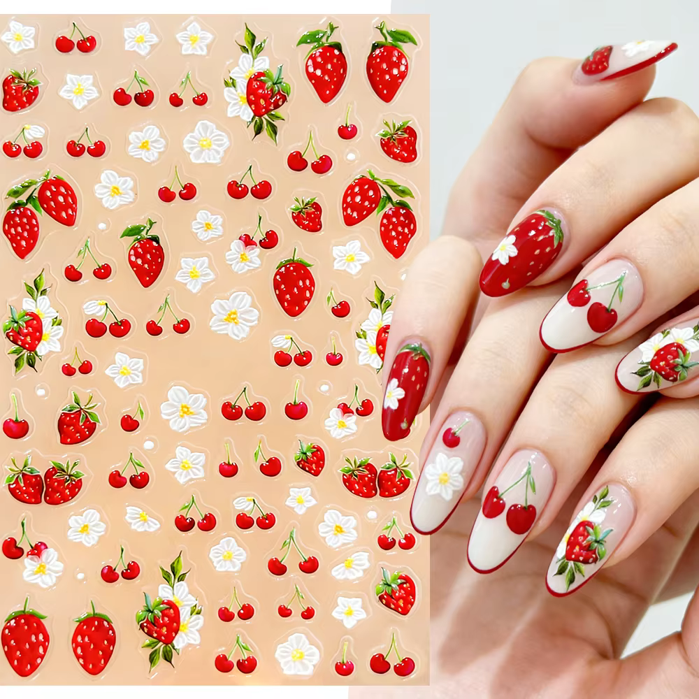 1/2 pièces Autocollants 5D en cristal rouge pour ongles, décorations adhésives en forme de cerises e