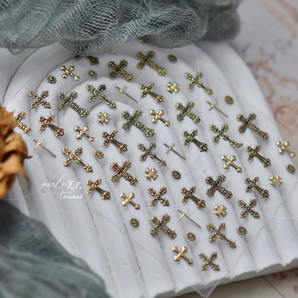 Autocollant croisé rétro foncé haut de gamme, autocollant pour ongles, croix argentée rétro, pour ma