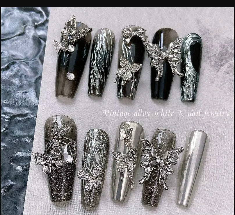 Breloques pour ongles rétro en alliage d'argent, 50 pièces, ruban de luxe, ailes de papillon Y2K, st