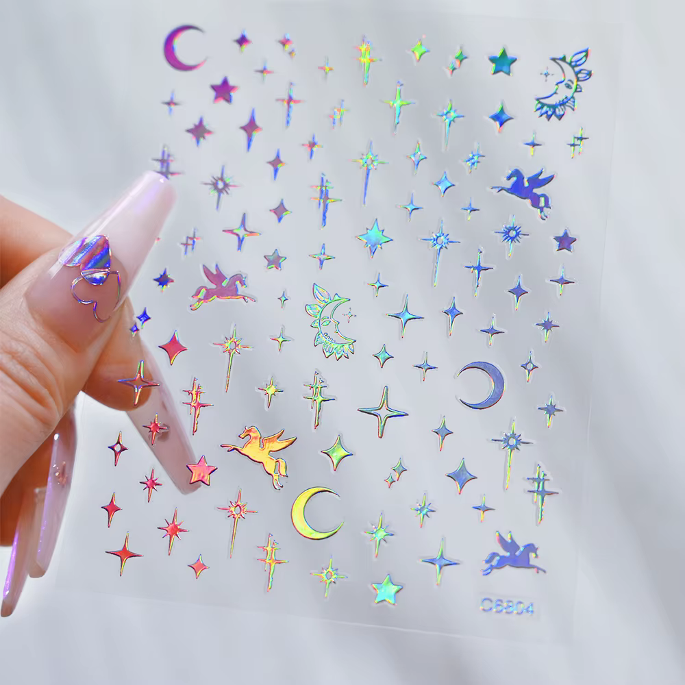 4/6 feuilles/Kit holographique arc-en-ciel amour coeur autocollant pour ongles 3D Laser coeur autoco