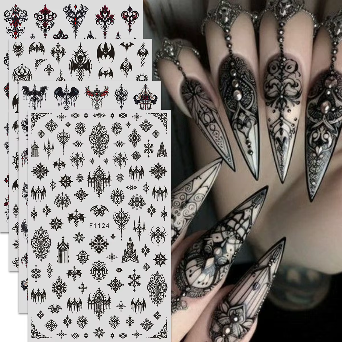 Autocollants pour nail art de style gothique foncé, faciles à appliquer pour la décoration des ongle