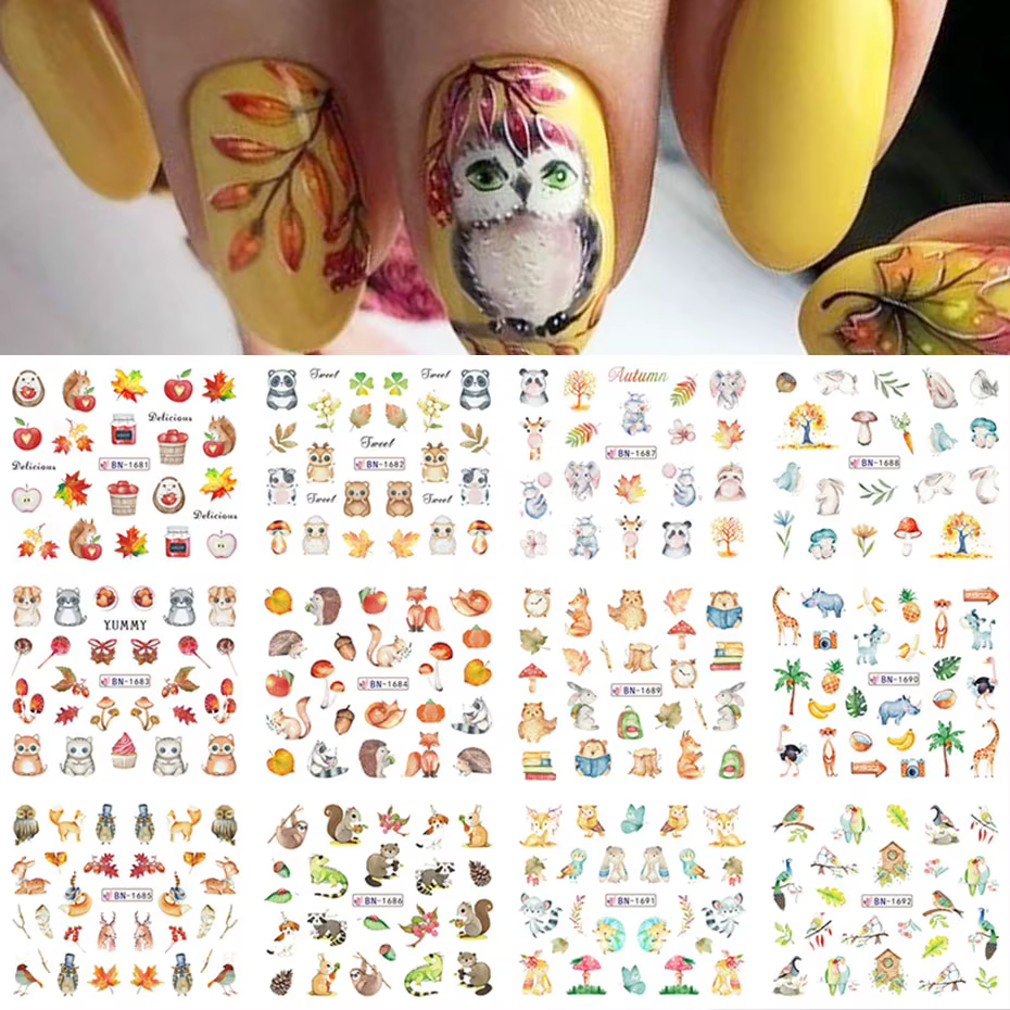 Autocollant d'eau pour Nail Art, 12 modèles d'automne, dessin animé hibou écureuil renard hérisson, 