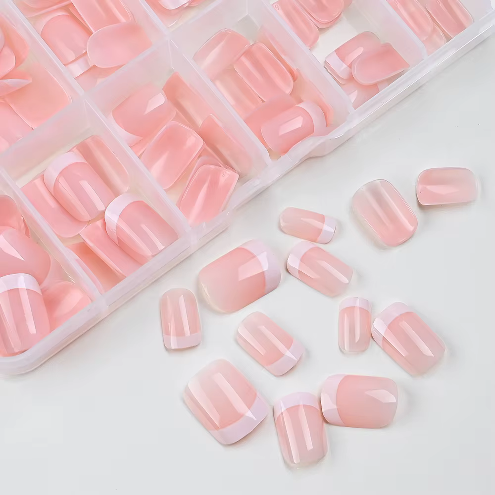 Faux ongles français à pression carrée courte rose, blanc brillant, couverture complète réutilisable