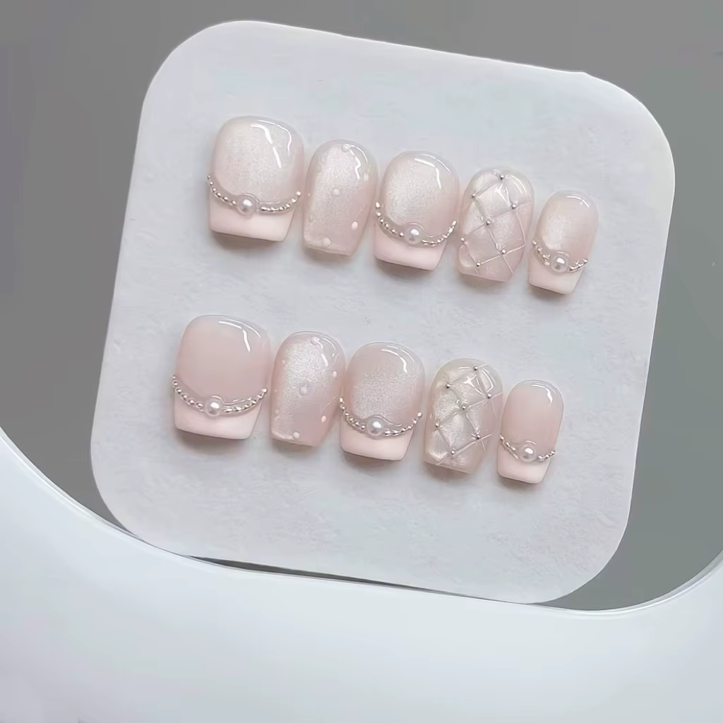 10 pièces presse à la main sur les ongles Plaid perle oeil de chat français Aurora queue de poisson 