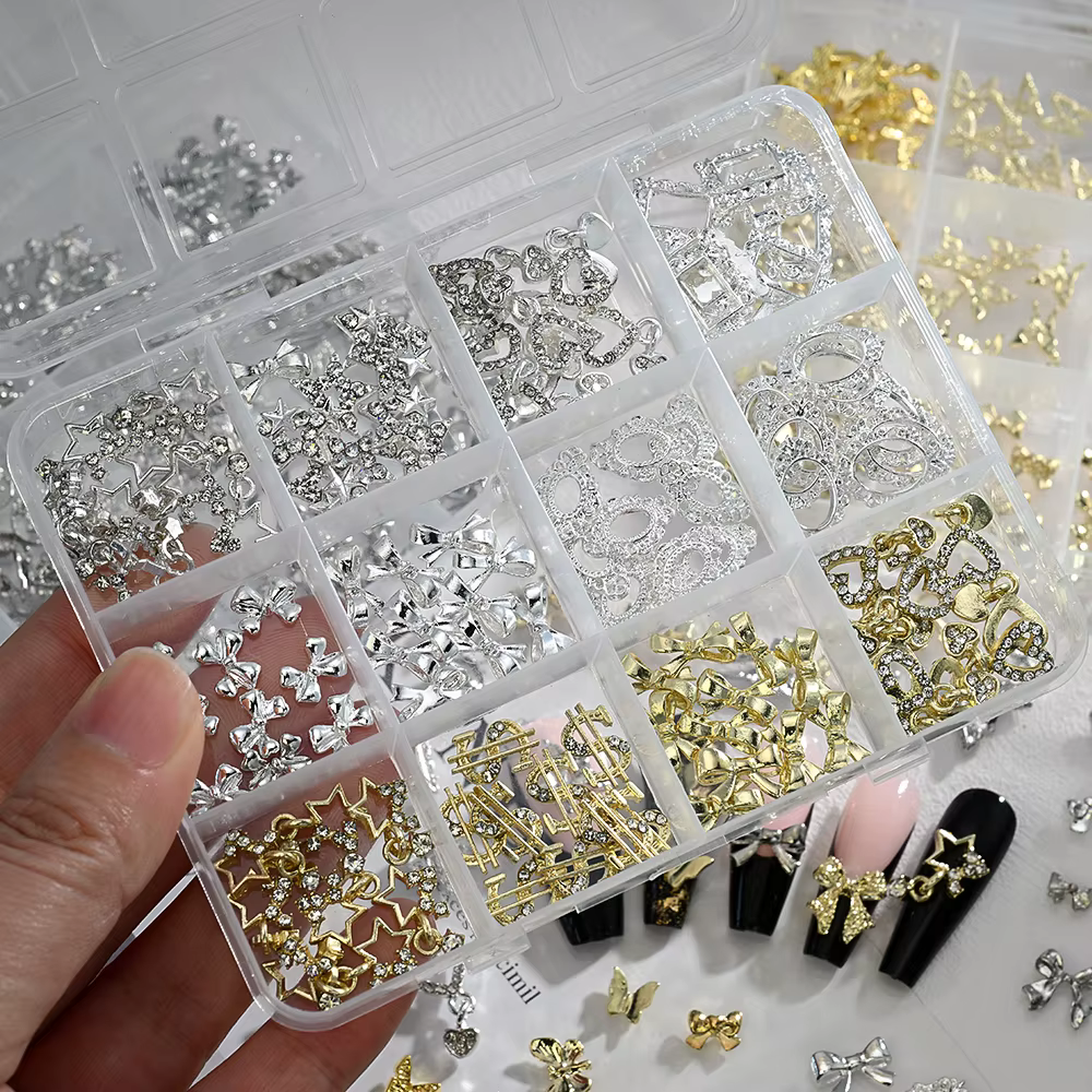 120 pièces/boîte 3D or arc papillon ongles breloques en métal brillant mignon noeud papillon/diamant