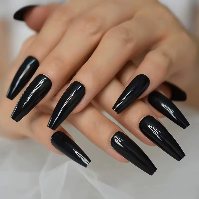 120 pièces cercueil Long noir ongles à pression couverture complète Ballet forme carrée faux ongles