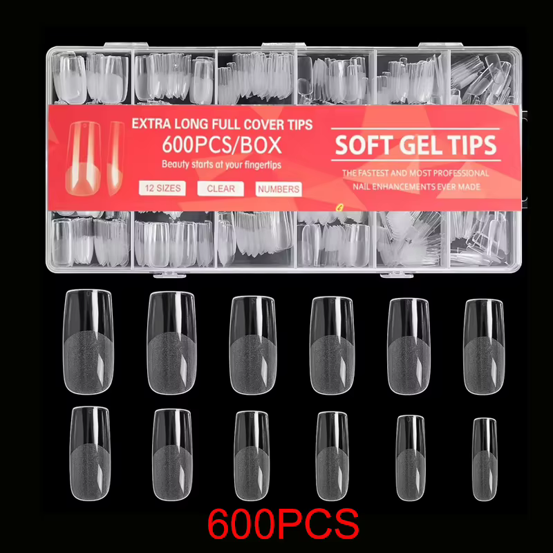 600 pointes d'ongles carrées artificielles couverture complète pointes d'ongles en Gel Transparent d