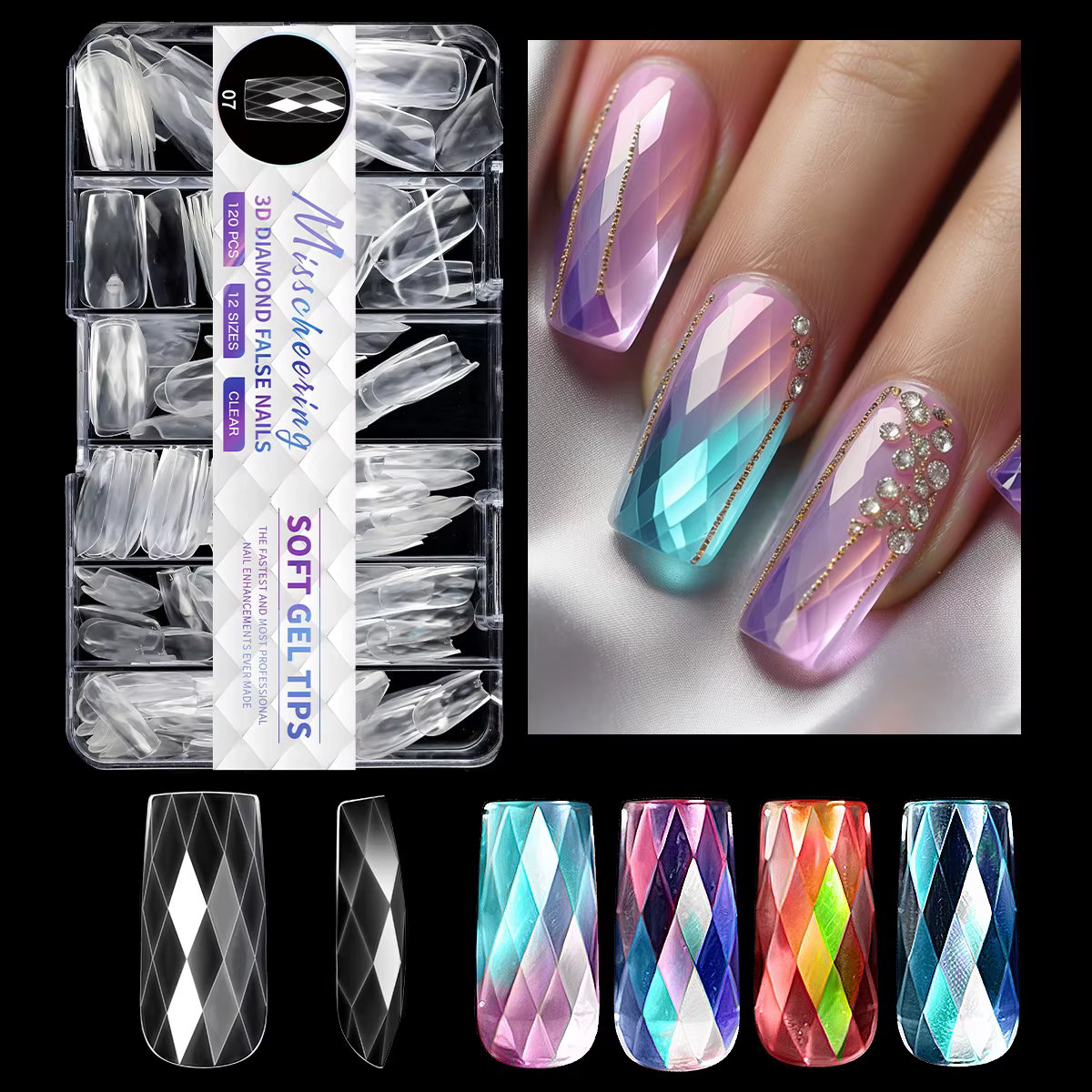 Nouveau 120/140 pièces carré amande cercueil ongles Extension conseils naturel clair couverture comp