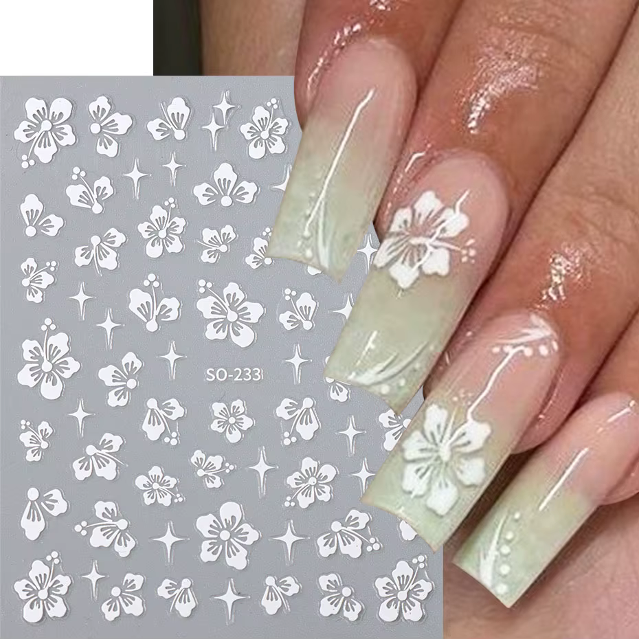Autocollants 3D en forme de fleur d'hibiscus pour nail art, décalcomanies florales blanches, roses,