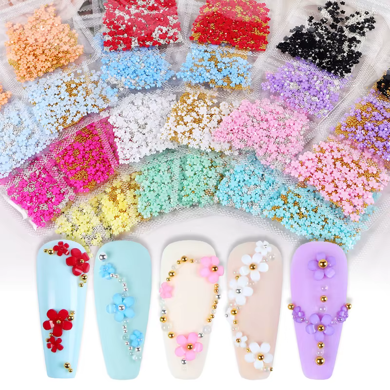 500 pièces + rose blanc 3D acrylique fleurs Nail Art breloques résine cinq pétales fleur ongles stra