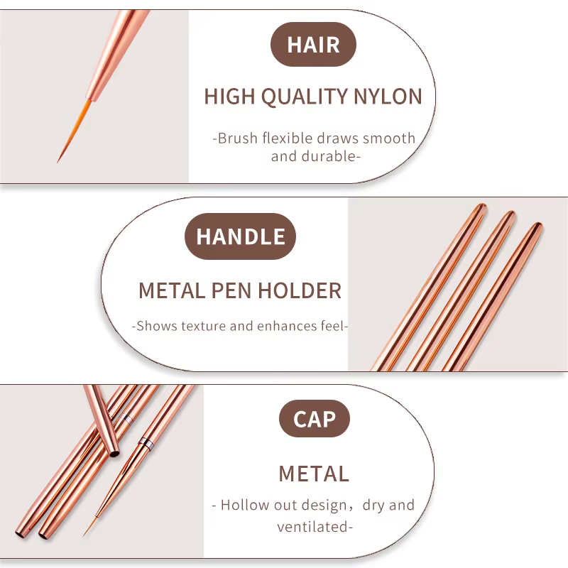 Ensemble de pinceaux de peinture pour nail art, outils de manucure, couleur or rose, 7/9/11mm, 3 piè