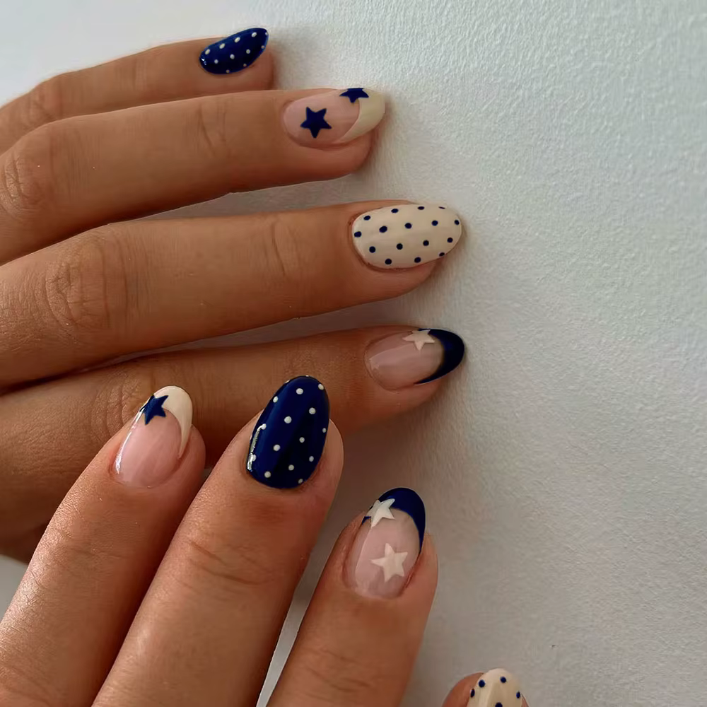 24 autocollants pour ongles ovales à pois étoiles, matériau acrylique, ajustement parfait, ensemble 
