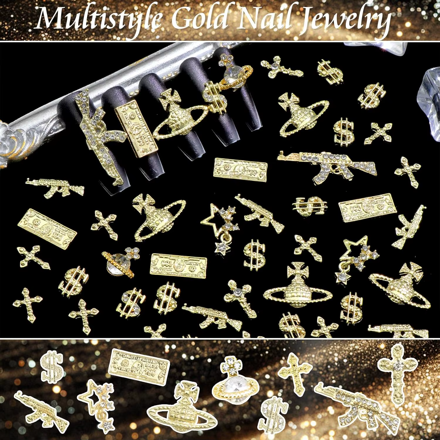 55 pièces pistolet ongles breloques 3D croix Nail Art bijoux or Dollar signe breloques ongles Multi