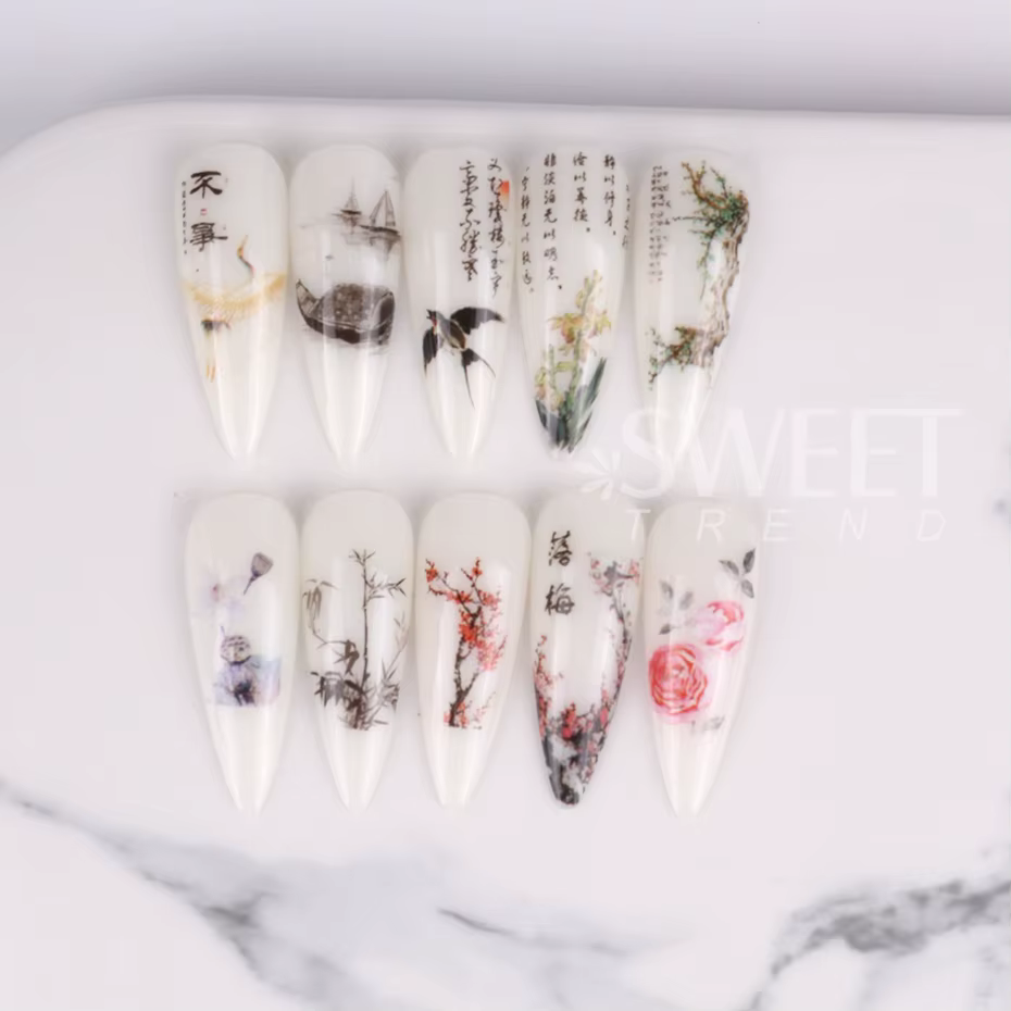 10 pièces feuilles à ongles caractère chinois grue bambou poisson fleur prune autocollant curseur tr