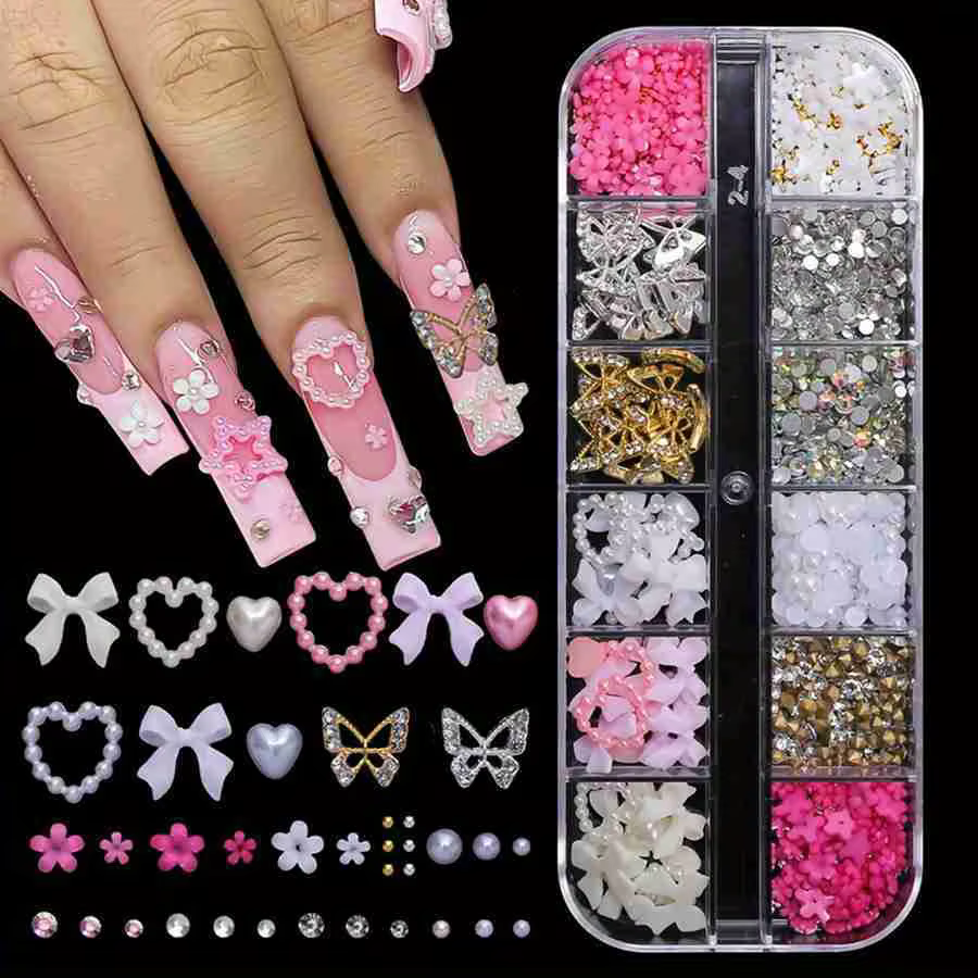Strass pour ongles en alliage mixte, 12 grilles, nœud papillon, Mini fleur, gemmes, perles, cœur, dé