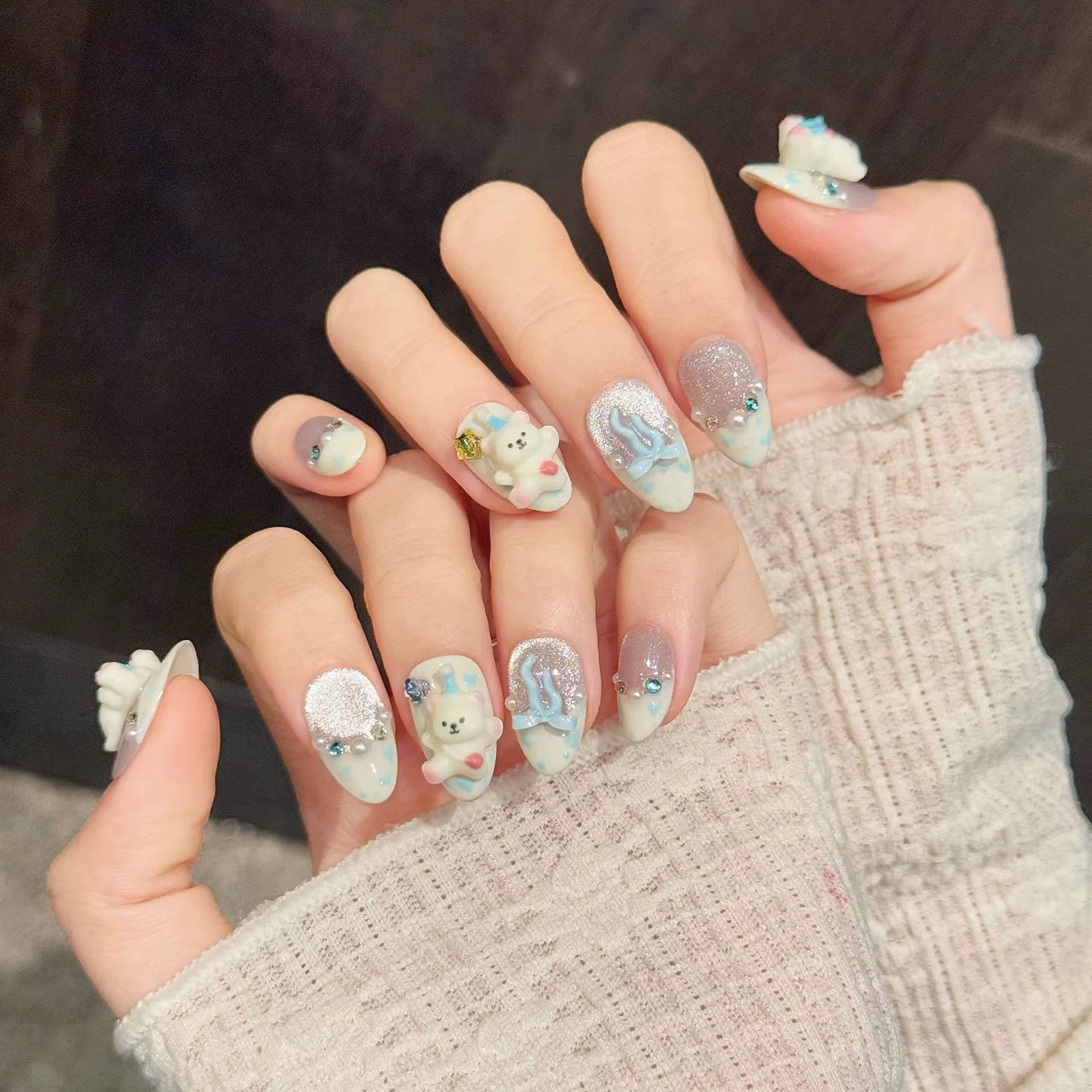 Faux ongles à pression en forme d'ours 3D, 10 pièces, faits à la main, décor à pois bleus, forme ama