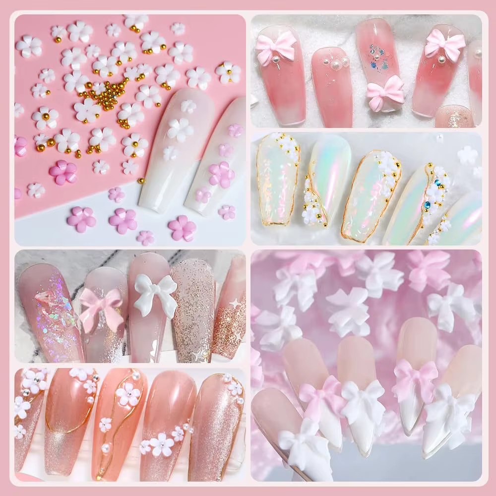 Mélange acrylique nœud papillon 3D Nail Art décorations fleur résine breloques or perles Caviar perl