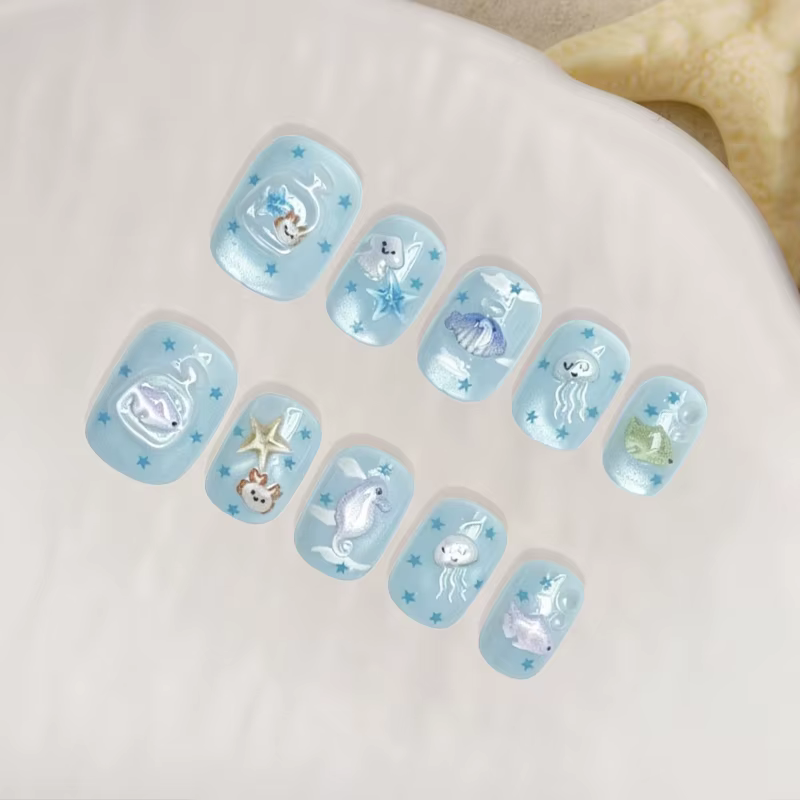 10 pièces 【Ocean Love】 Faux ongles à presser effet œil de chat, design étoile de mer et méduse, tran