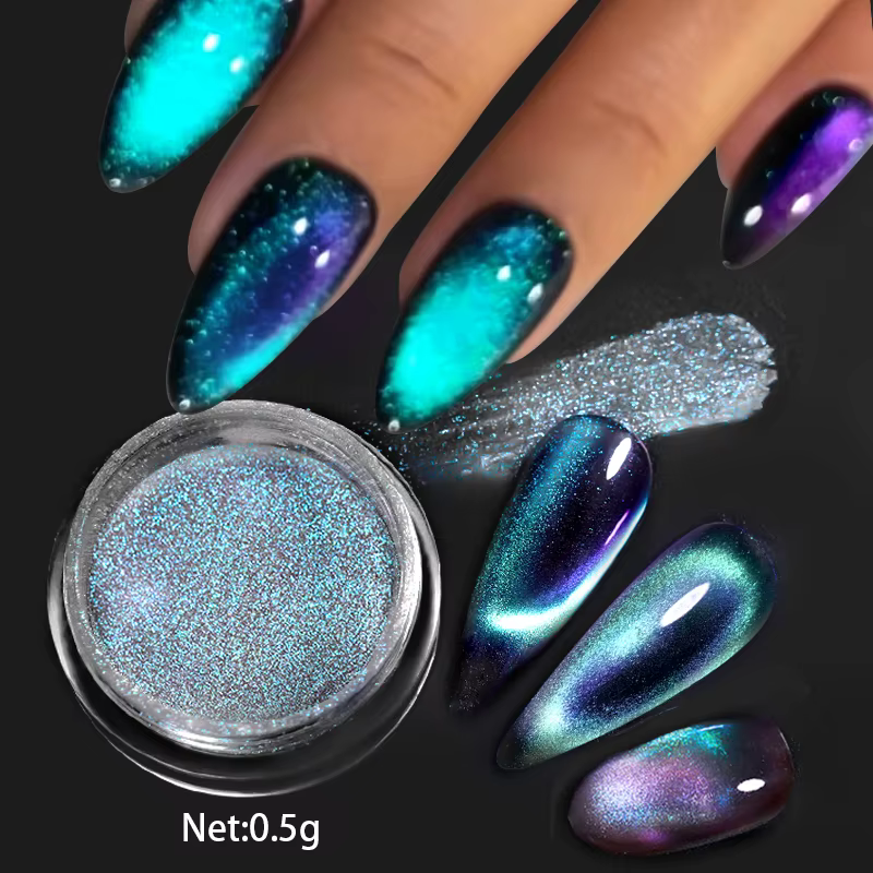Poudre à ongles magnétique réfléchissante noir bleu caméléon paillettes poussière métallique Chrome