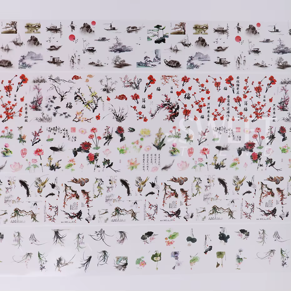 10 pièces feuilles à ongles caractère chinois grue bambou poisson fleur prune autocollant curseur tr