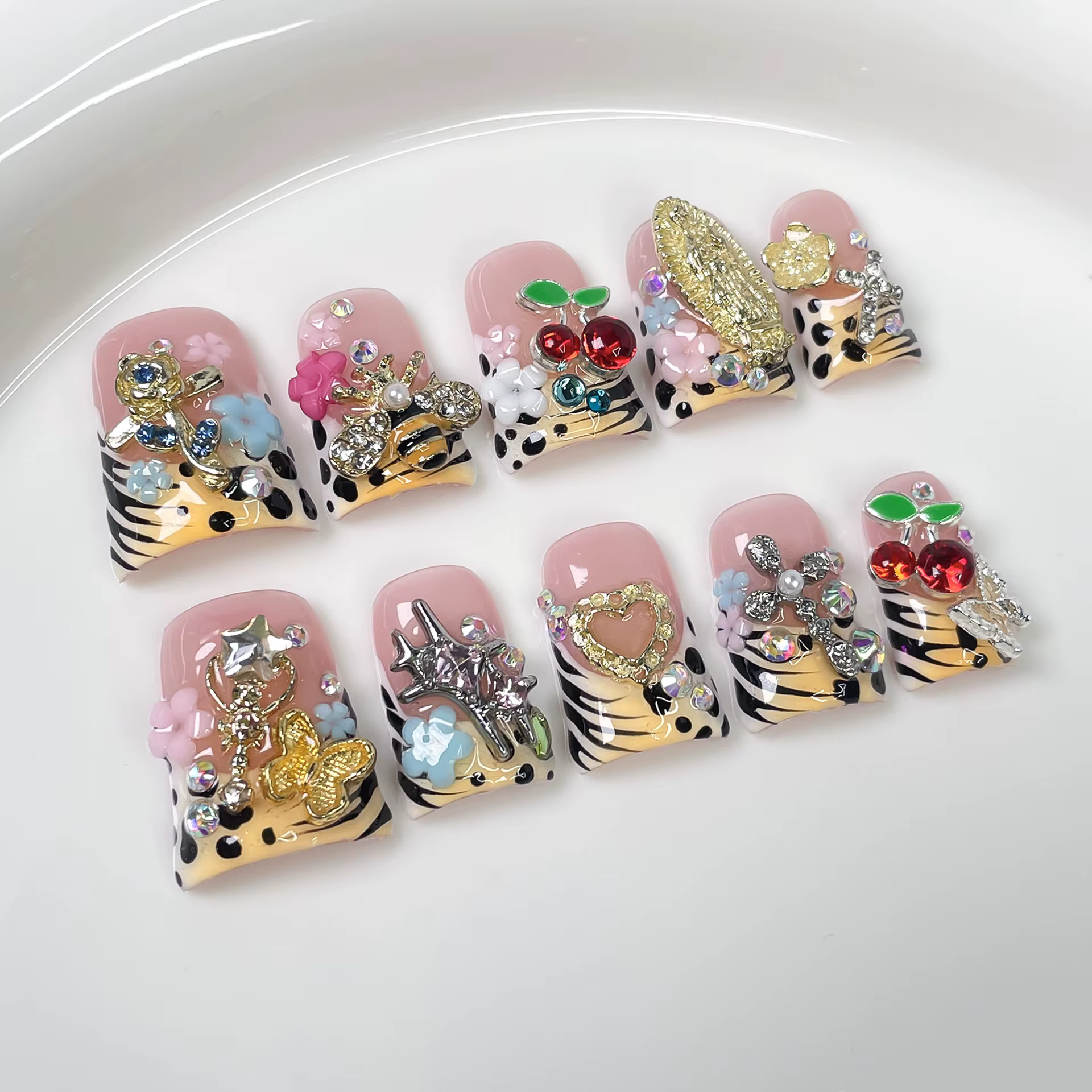 10 pièces en forme de bec de canard presse à la main sur les ongles imprimé léopard faux ongles fran