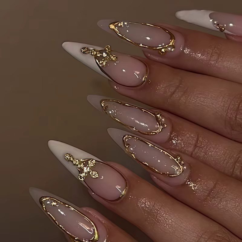 24 pièces de faux ongles transparents blancs de style français, plaqués or, avec diamants, longs et 