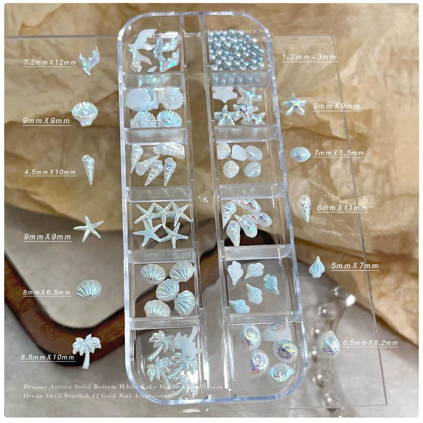 12 Grilles de Breloques Mixtes pour Ongles Style Océan, Décorations 3D en Résine Coquillages, Étoile