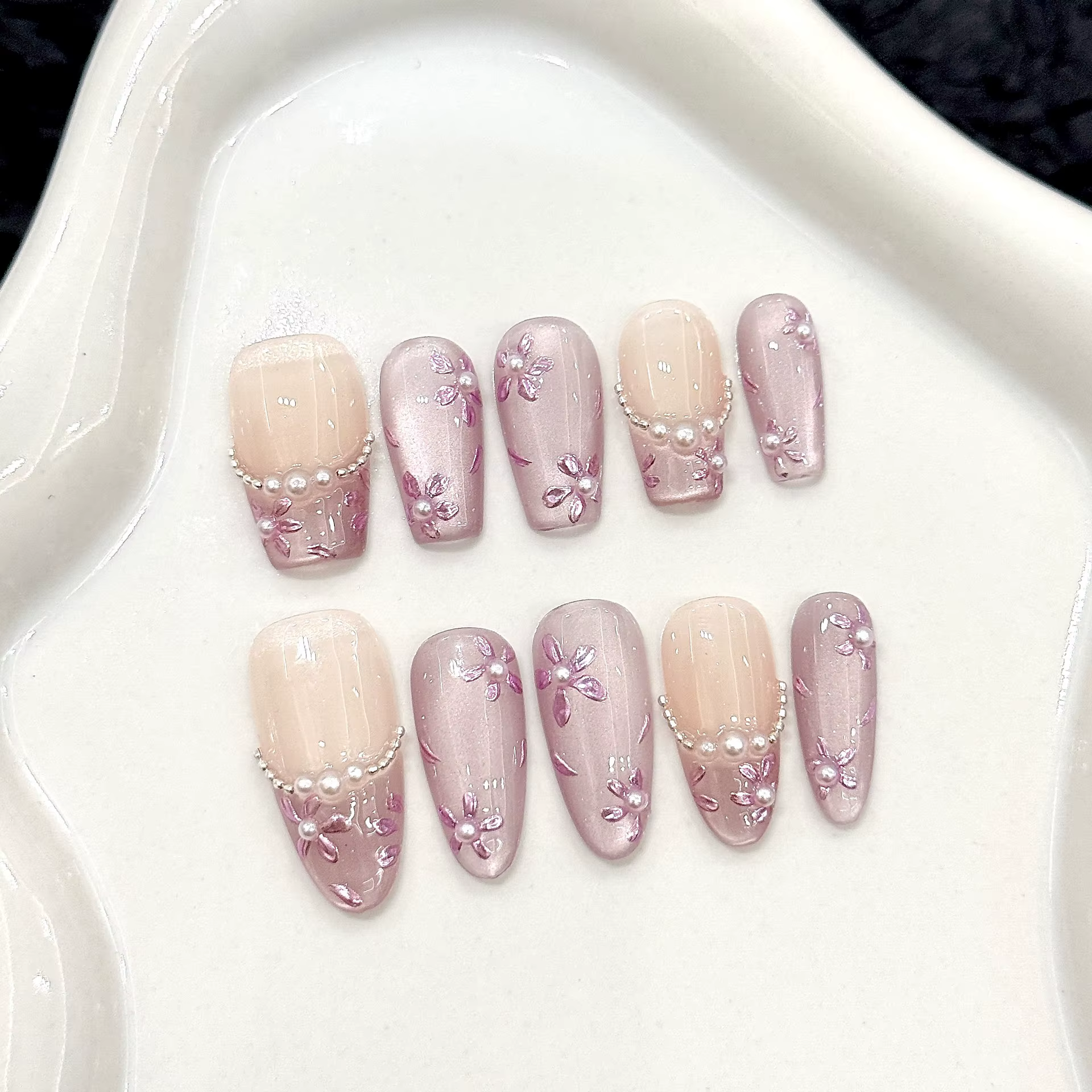 10 pièces à la main violet oeil de chat presse sur les ongles fleurs d'été perle conception faux ong