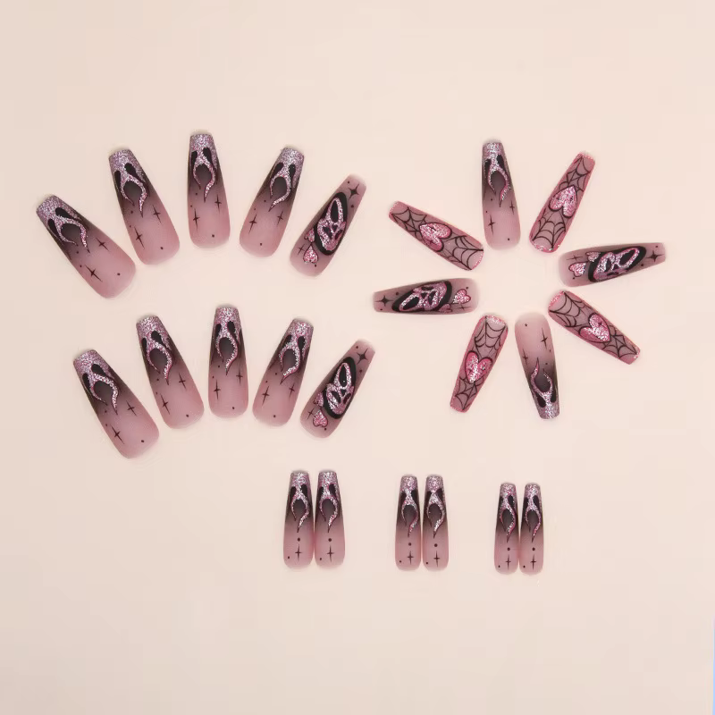Faux ongles à paillettes roses, 24 pièces, Patch effrayant, crâne, amour, cœur, motif, ongles artifi