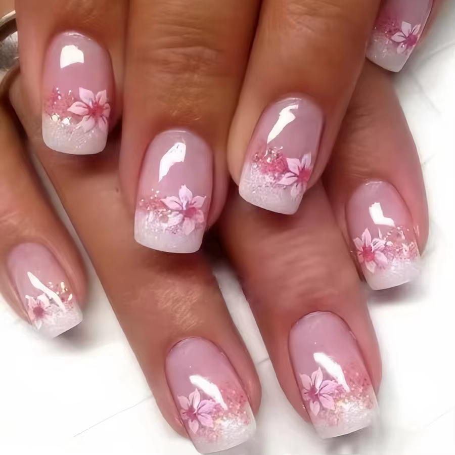 24 pièces/ensemble faux ongles carrés courts pour femmes filles faux ongles mode paillettes fleurs g