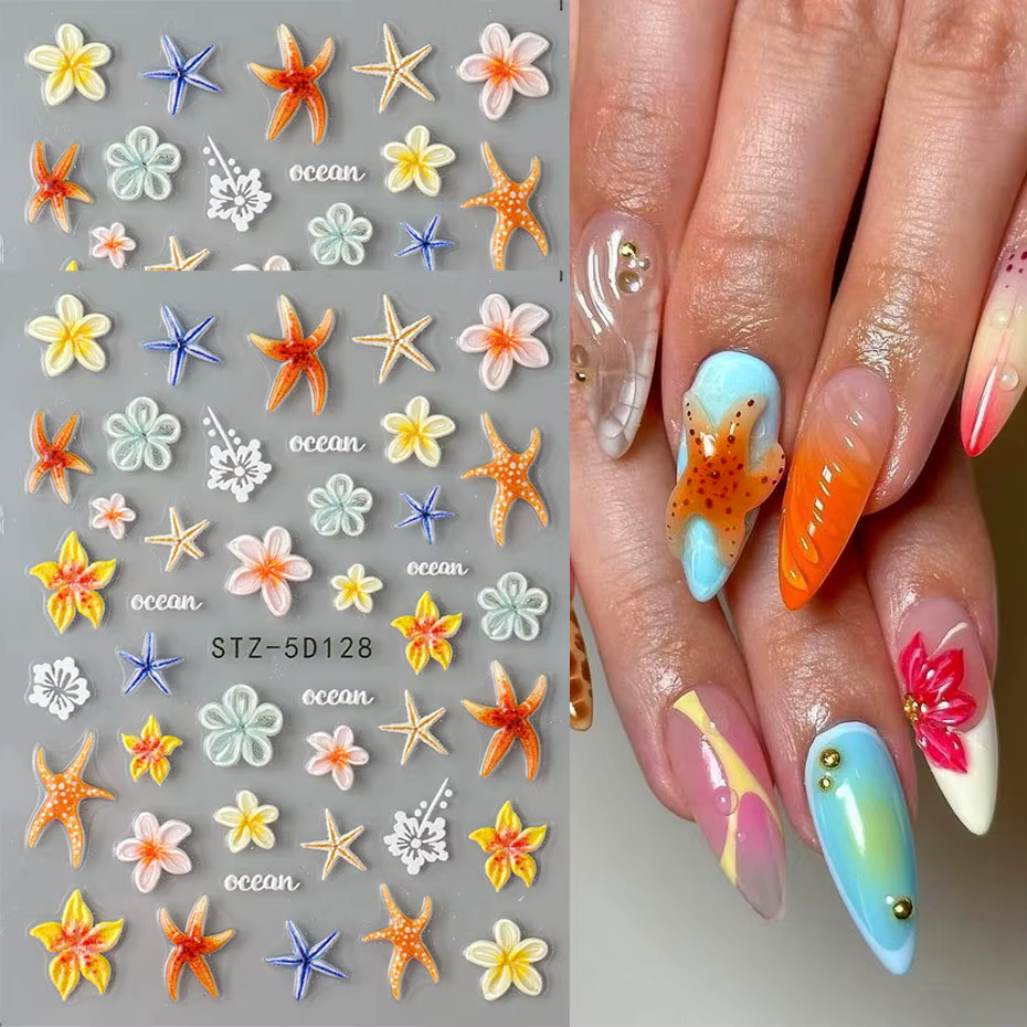 Autocollants pour ongles étoile de mer Kawaii, 2 pièces, autocollants floraux 3D pour Nail Art, auto