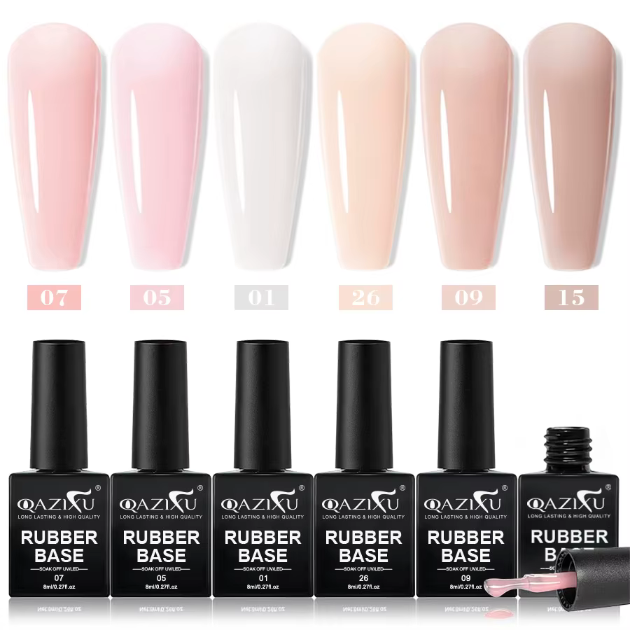 QAZIXU 8ml Gel de Base Caoutchouc pour Ongles, Lot de 6 Couleurs Rose Gelée Couleur Naturelle Semi-P