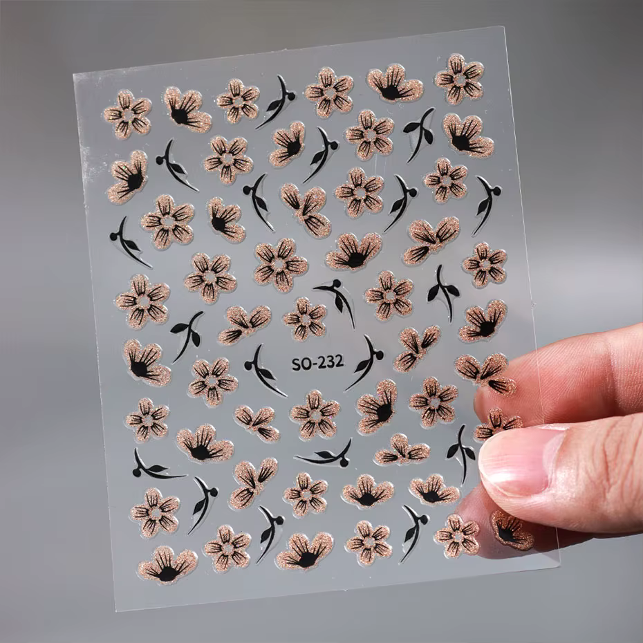 Autocollant 3D pour ongles, 2 pièces, noir, or, paillettes, fleur, pétales brillants, feuilles, Nail