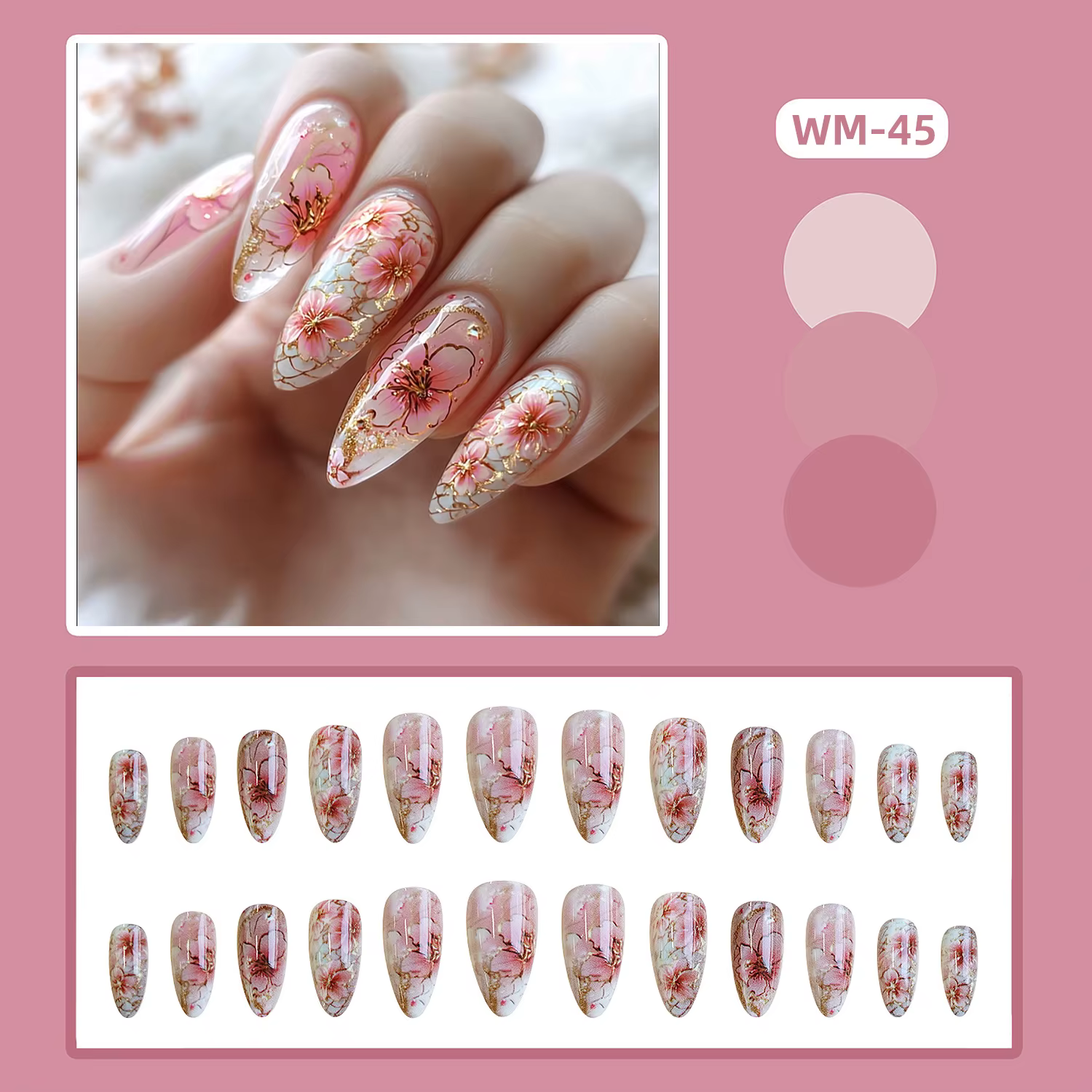 Faux ongles à pression en fleurs de pêcher roses, 24 pièces, Style chinois, Blush, pointes portables