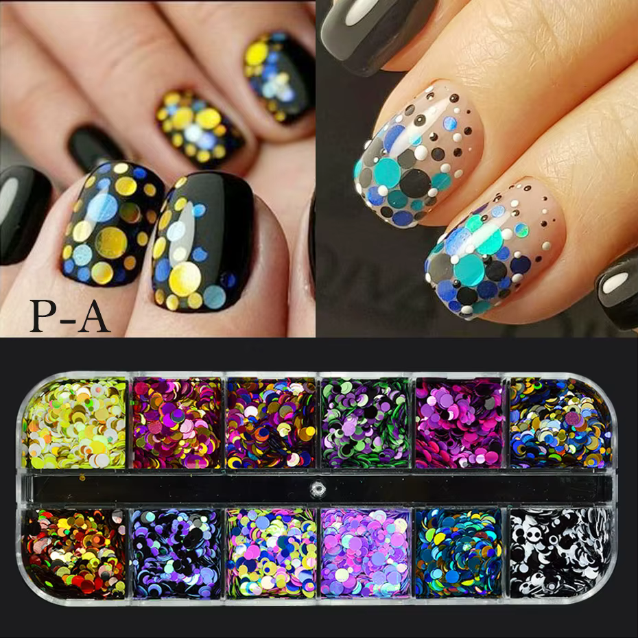 Poudre à paillettes pour ongles, 12 grilles, couleurs mélangées, flocons ronds 3D, holographique bri