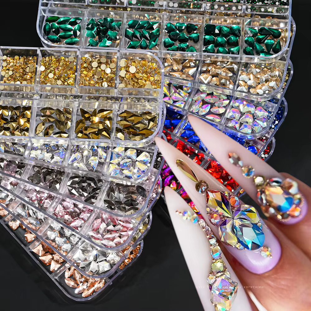 Strass en cristal de forme mixte pour Nail Art, 12 grilles, rose/rouge, pierres précieuses à dos pla