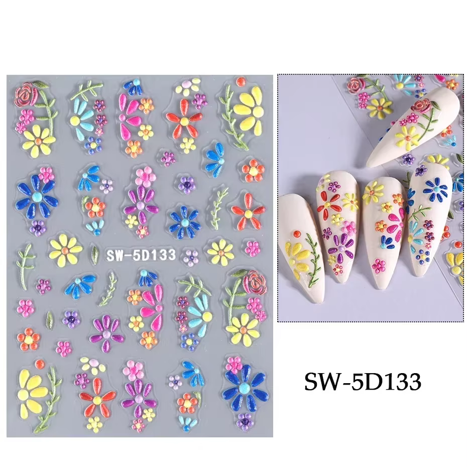 Autocollant pour Nail Art, fleur de marguerite colorée 5D, dentelle, cœur, pétales creux de printemp