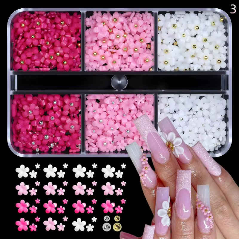 ● Décorations d'ongles en forme de fleurs à cinq pétales mélangées (6/12/24 grilles), breloques pour