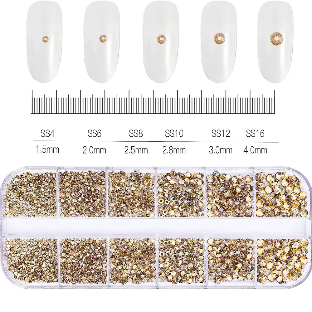 1.5mm-5mm Champagne verre cristal Nail Art gemmes 12 grilles Flatback SS4-SS16 mixte Nail Art strass