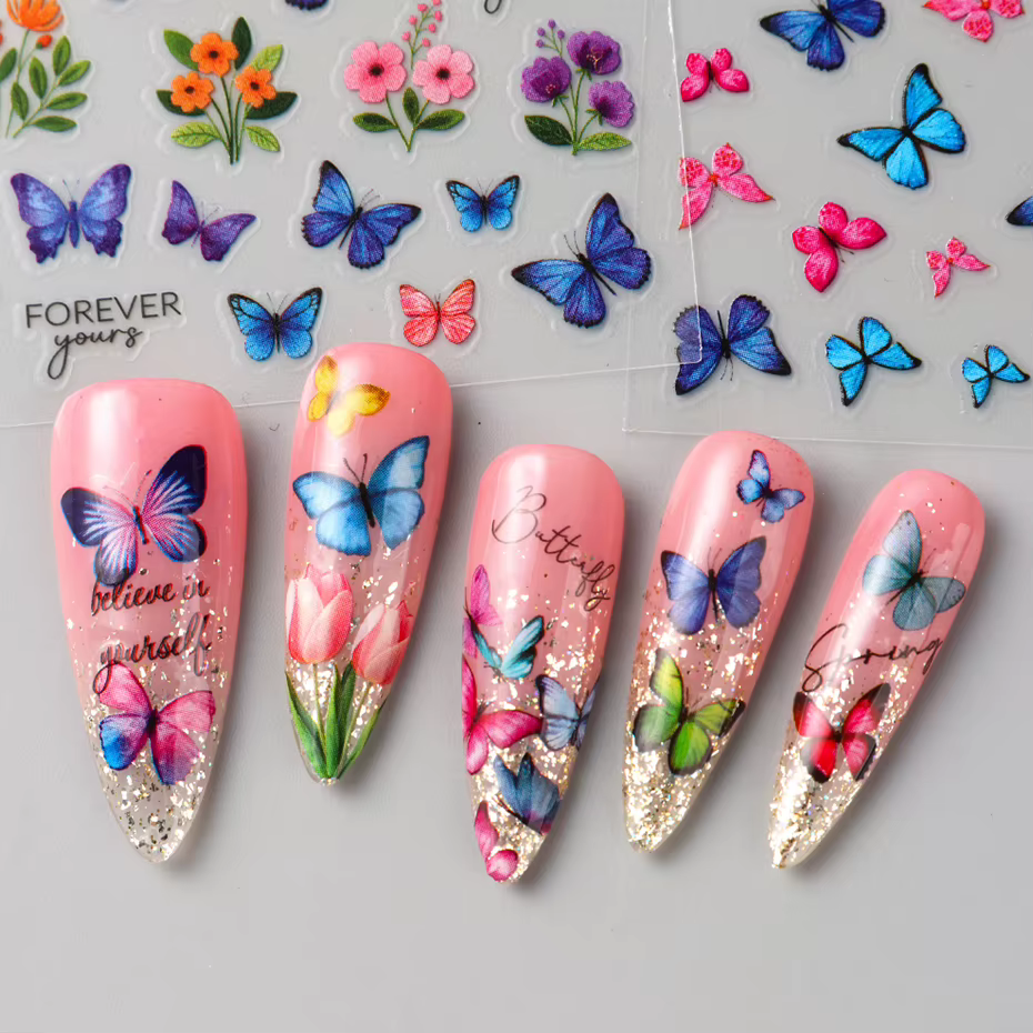 10 pièces coloré printemps été papillon Nail Art autocollants brillant multicolore papillon fleurs a